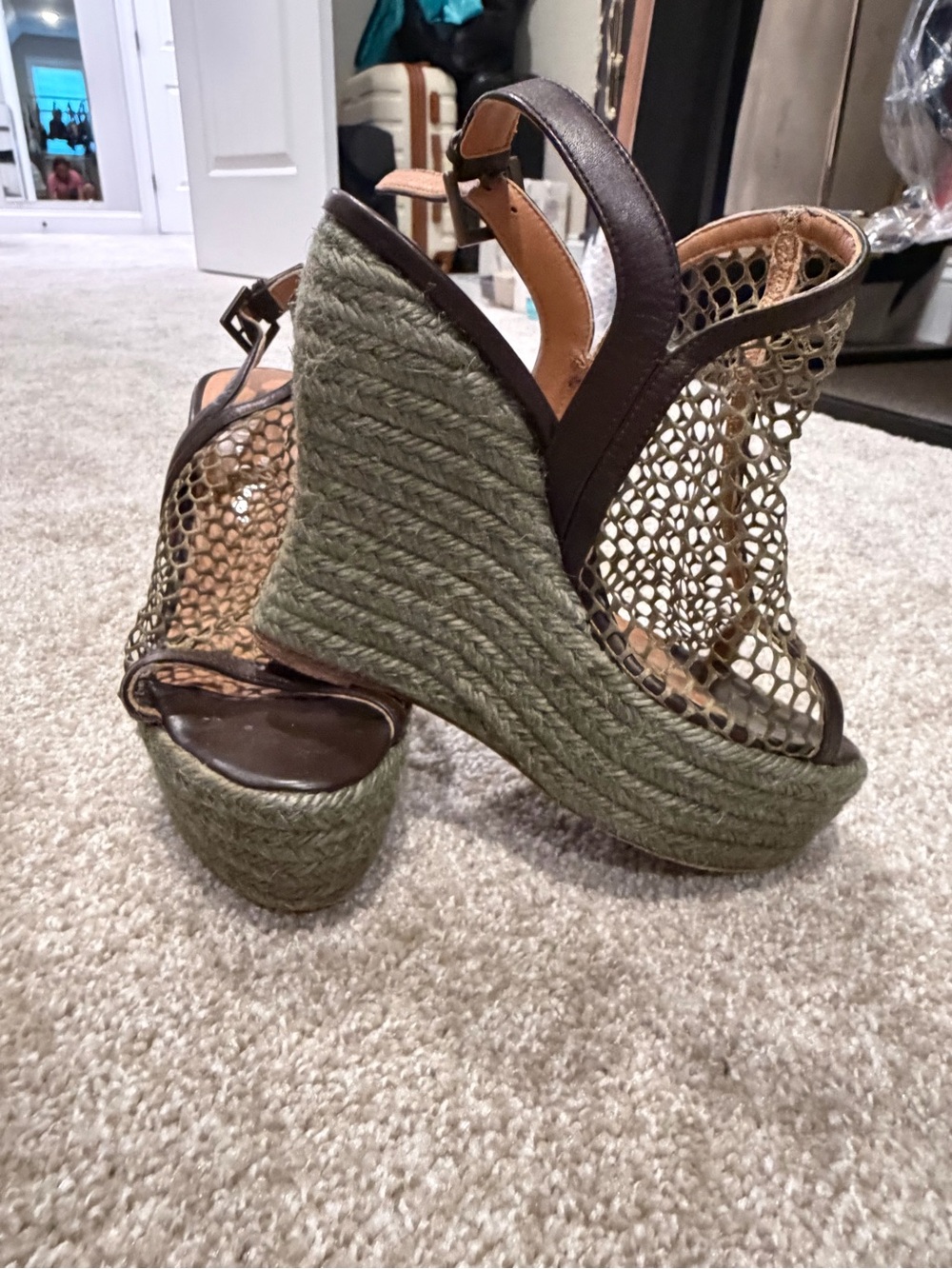 Woven Olive Green Espadrille Wedge Sandals with Mesh Upper